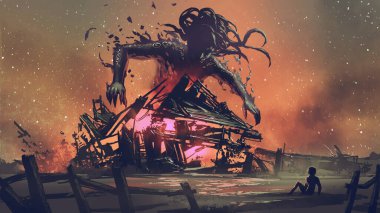 fantasy scene of the man looking in shock at the awakening of the black giant., digital art style, illustration painting