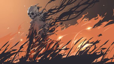 ghost standing in the field of flames, digital art style, illustration painting