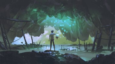 Man with a lantern explores the ancient cave of darkness, digital art style, illustration painting