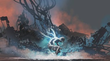 Bilim kurgu konsepti, enerjiyi, dijital sanat tarzını ve resim sanatını iyileştiren bir cyborg erkeği gösteriyor.