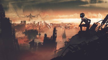 futuristic boy on the ruins looking at the distant giant that destroying the city, digital art style, illustration painting
