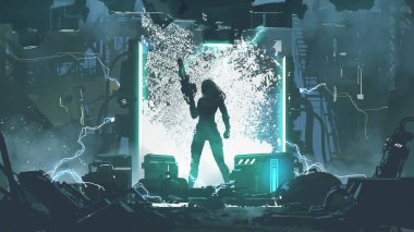super soldier holding a futuristic gun standing in a laborary, digital art style, illustration painting