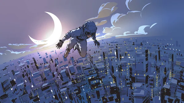 Superboy Fliegt Nachts Himmel Über Der Großstadt Digitale Kunst Illustrationsmalerei — Stockfoto