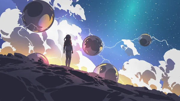 Spaceman Looking Huge Spheres Floating Air Digital Art Style Illustration — Fotografia de Stock