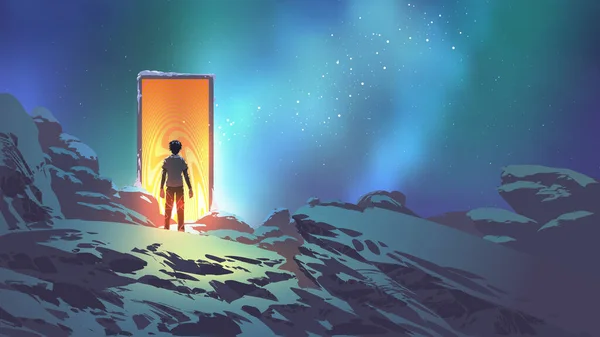 Man Standing Front Glowing Door Lead Another Realm Digital Art — Φωτογραφία Αρχείου