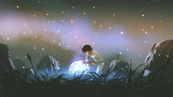 Young Man White Looking Glowing Little Planet Ground Digital Art — Foto de Stock