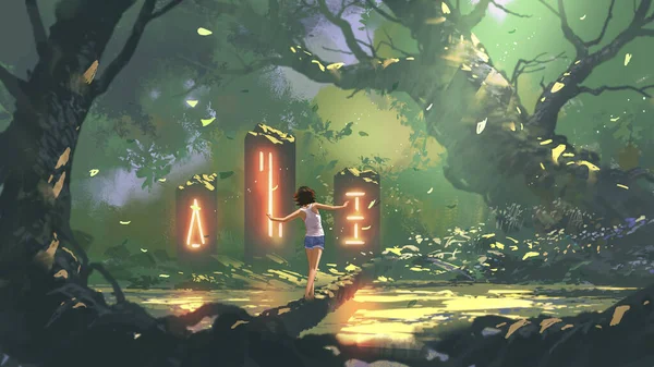 Woman Walks Branch Stream Looks Monoliths Forest Digital Art Style — 스톡 사진