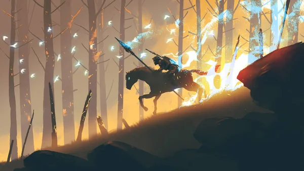 Knight Spear Riding Horse Fire Forest Digital Art Style Illustration — Photo