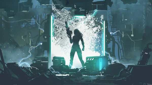 super soldier holding a futuristic gun standing in a laborary, digital art style, illustration painting