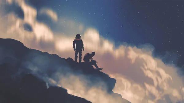 Два Астронавти Сидять Каменях Дивлячись Нічне Небо Стиль Цифрового Мистецтва — стокове фото