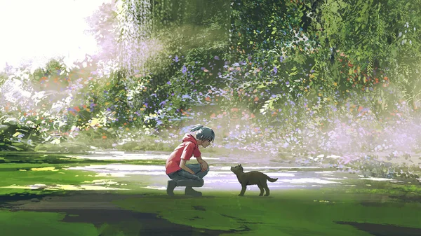 Teenage Boy Sitting Looking Puppy Lost Forest Digital Art Style — Fotografia de Stock