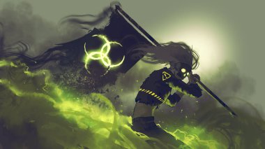 Gas mask man holding a flag with biohazard symbol stands in toxic smoke, digital art style, illustration painting