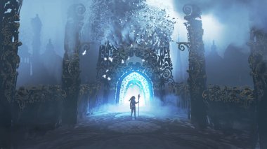 man with spear standing in front of the hallway leading to the mysterious castle, digital art style, illustration painting