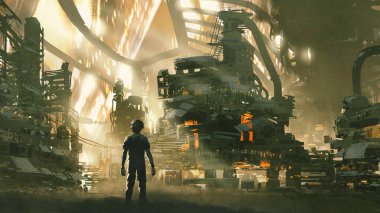Young man looks at the dieselpunk village full of machines, digital art style, illustration painting