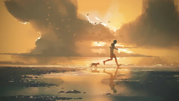Man Puppy Jogging Beach Sunset Digital Art Style Illustration Painting — Foto Stock