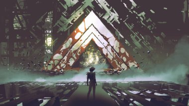 The man standing and looking at the giant mysterious triangular gate, digital art style, illustration painting clipart