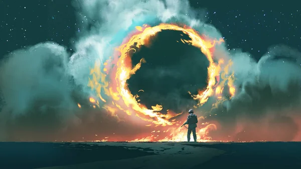 兵士が立って空に浮かぶ巨大な円形の消防ポータルを見てデジタルアートスタイルイラスト絵画 — ストック写真