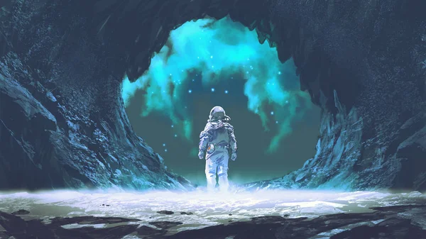 Spaceman Standing Entrance Cave Digital Art Style Illustration Painting — Stock Photo, Image