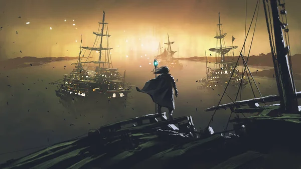 日没の背景 デジタルアートスタイル イラスト絵画に対して船の上に立つ魔法の杖を持つウィザード — ストック写真
