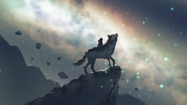 Dağın tepesinde gece gökyüzüne karşı duran bir kadın, dijital sanat tarzı, resimli resim.