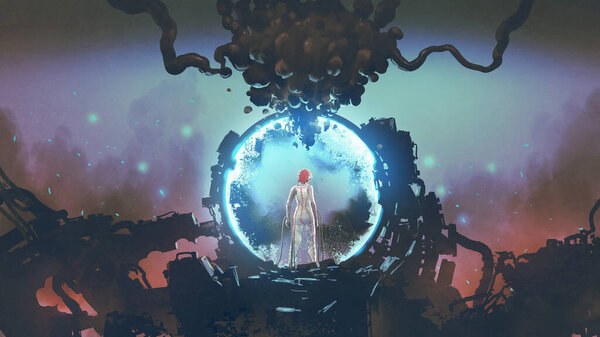Futuristic woman standing in the circle of light, digital art style, illustration painting