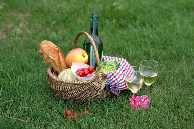 piknik sepeti ile şarap, ekmek, sebze