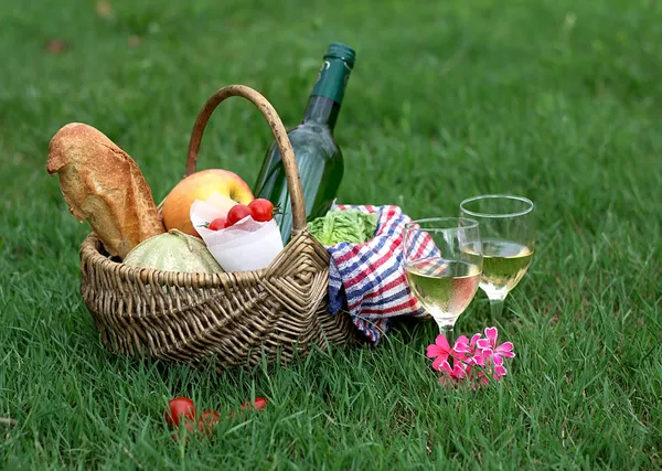 Picnic basket with wine, bread, vegetables — Stock Photo, Image