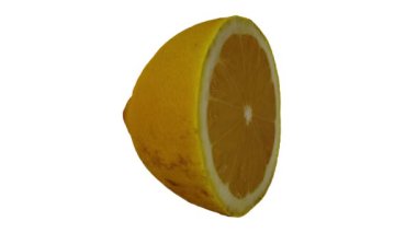 Beyaz arka planda dönen yarım Lemon 'un gerçekçi canlandırması. Video kusursuz bir şekilde döngüye giriyor ve üç boyutlu nesne gerçek bir limondan taranıyor..