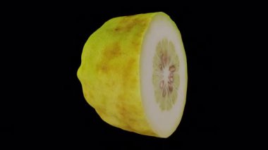 Şeffaf arka planda (alfa kanalı ile) dönen yarı yerli bir Filipinli Lemon 'un gerçekçi canlandırması. Video kusursuz bir şekilde döngüye giriyor ve üç boyutlu nesne gerçek bir limondan taranıyor..