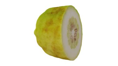 Beyaz arka planda dönen yarı yerli bir Filipinli Lemon 'un gerçekçi canlandırması. Video kusursuz bir şekilde döngüye giriyor ve üç boyutlu nesne gerçek bir limondan taranıyor..