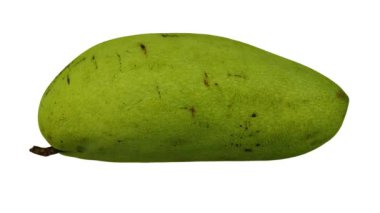 Beyaz arkaplanda yeşil (Olgunlaşmamış) Fildişi Mango 'nun gerçekçi bir canlandırması. Video kusursuz bir şekilde döngüye giriyor ve üç boyutlu nesne gerçek bir mangodan taranıyor..