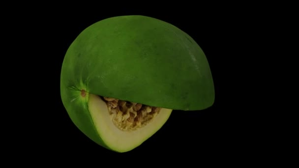 Renderização Realista Corte Rotativo Verde Unmadpe Papaya Fundo Preto Vídeo — Vídeo de Stock