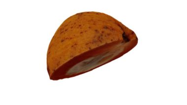 Dönen bir Santol 'un (Cotton Fruit) gerçekçi canlandırması beyaz arkaplanda ikiye bölündü. Video kusursuz bir şekilde döngüye giriyor ve üç boyutlu nesne gerçek bir Noel Baba 'dan taranıyor..