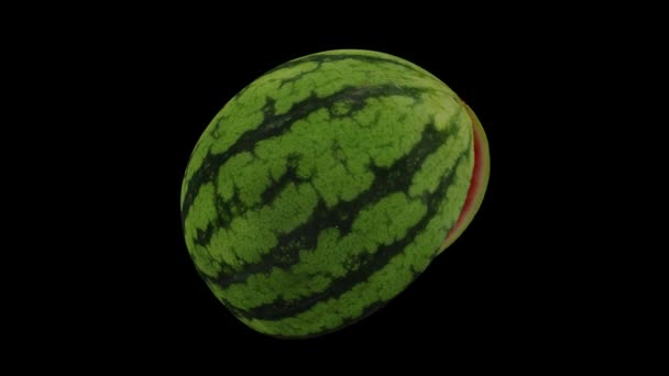 Realistische Darstellung Einer Rotierenden Geschnittenen Wassermelone Auf Schwarzem Hintergrund Das — Stockvideo