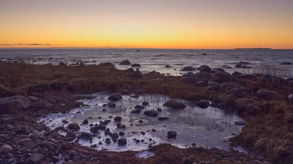 Costa Rochosa Golfo Finlândia Mar Báltico Pôr Sol Geada Novembro — Fotografia de Stock