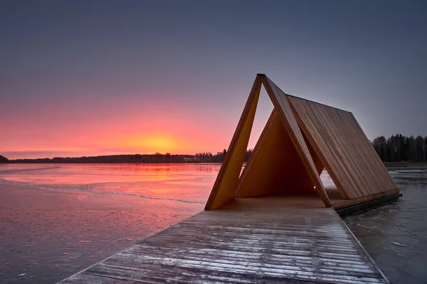 Jetty Pier Fjallbo Park Finland Winter Ice Lake Tuusula Pavilion — Fotografia de Stock