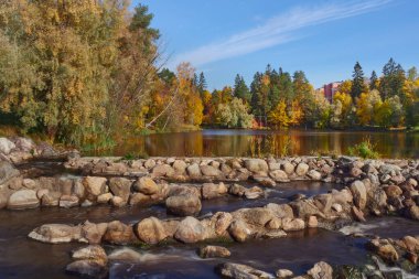 Northern European landscape in Finnish Kellokoski: golden autumn, rapids, Kerava river, sunny day, church near.