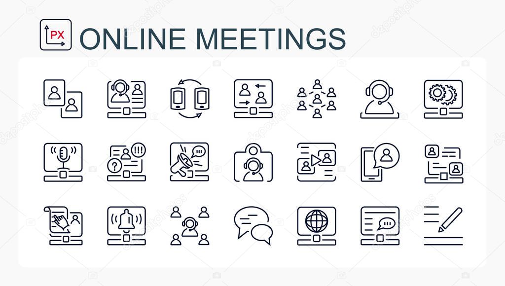 A set of vector linear icons. Online broadcast of an online meeting. online meetings.