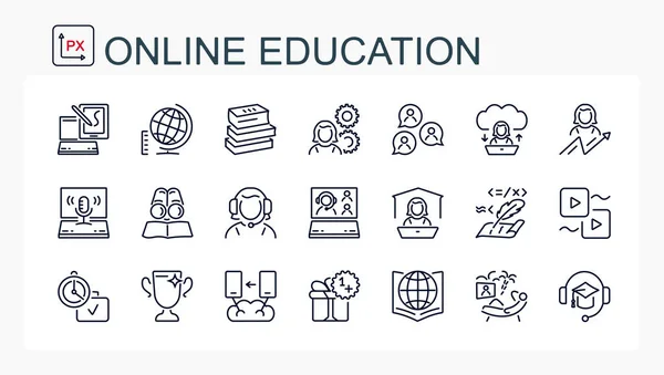 Online öğrenme ve çevrimiçi eğitimin ince bir çizgisinden bir grup vektör simgesi.