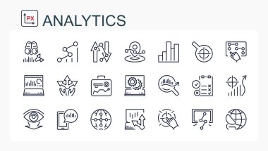İnce bir çizgiden bir dizi vektör simgesi. seo, analitik, istatistik, veri, iş.