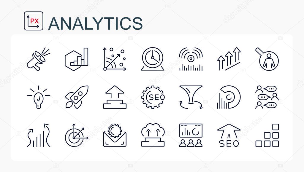 A set of vector icons from a thin line. seo, analytics, statistics, data, business.