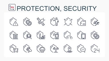 Bir dizi vektör çizimi, ince bir çizgi, koruma ve güvenlik simgeleri.