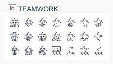 Bir dizi vektör çizimi, ince bir çizgiden ikonlar. Takım çalışması, başarı ve başarılar. izole