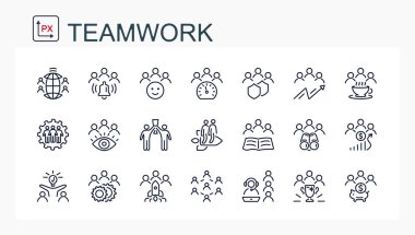 Bir dizi vektör çizimi, ince bir çizgiden ikonlar. Takım çalışması, başarı ve başarılar. izole