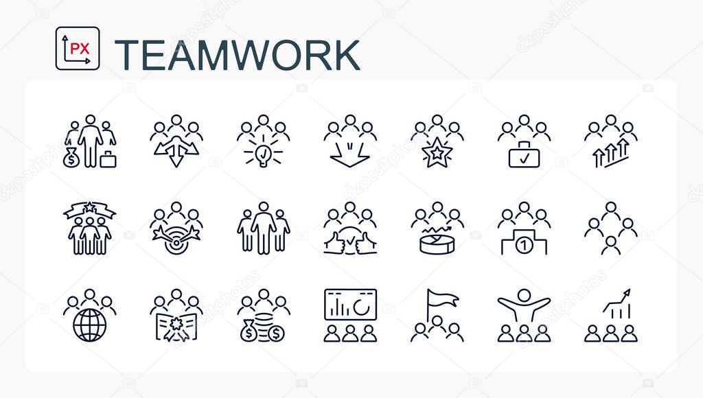 A set of vector illustrations, icons from a thin line. Teamwork, success and achievements. isolated
