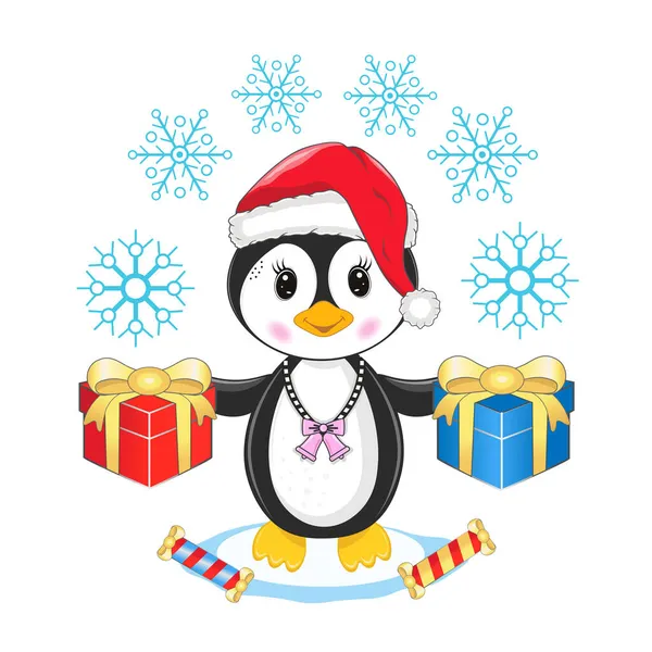 Векторная Иллюстрация Пингвина Шляпе Санта Клауса Подарками Снежинками Белом Фоне — стоковый вектор