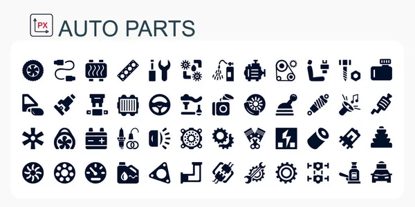 Araba parçaları, piller, iletimler, elektrikli ekipmanlar, motorlar ve diğer özel ekipmanlara sahip bir dizi vektör simgesi ve logo. Araba servisi. Yedek parça mağazası. Düz dizayn. İzole, düzenlenebilir..
