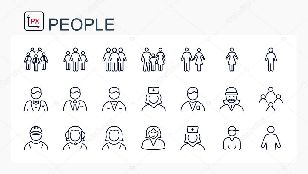 A set of vector illustrations, icons of people from a thin line. Isolated, editable.