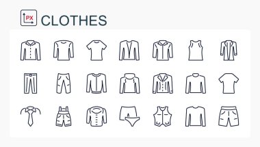 Bir dizi vektör çizimi, ince bir sıra kıyafet ve iç çamaşırı ikonu. İzole, düzenlenebilir.. 