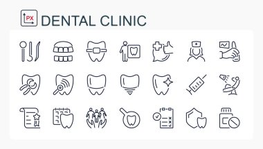 Bir dizi vektör çizimi, ince bir çizgiden ikonlar. Diş sağlığı kliniği. İzole, düzenlenebilir..